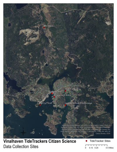 satellite view map of vinalhaven with red location markers and names of seven TideTracker monitoring sites