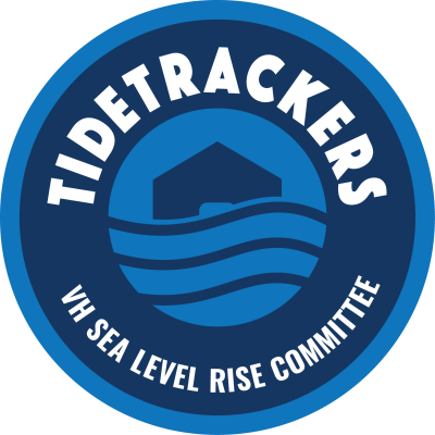 blue and white round logo with words Tidetrackers at the top and Sea Level Rise Committee at the bottom. Logo has icon of house with rising water in the foreground.