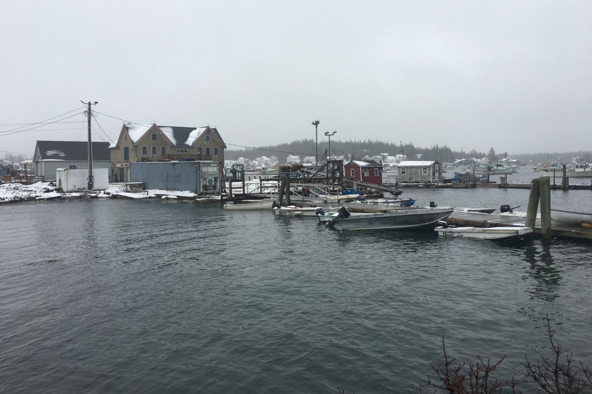 working waterfront buildings and floats with high tide water flooding over and around, gray foggy winter atmosphere