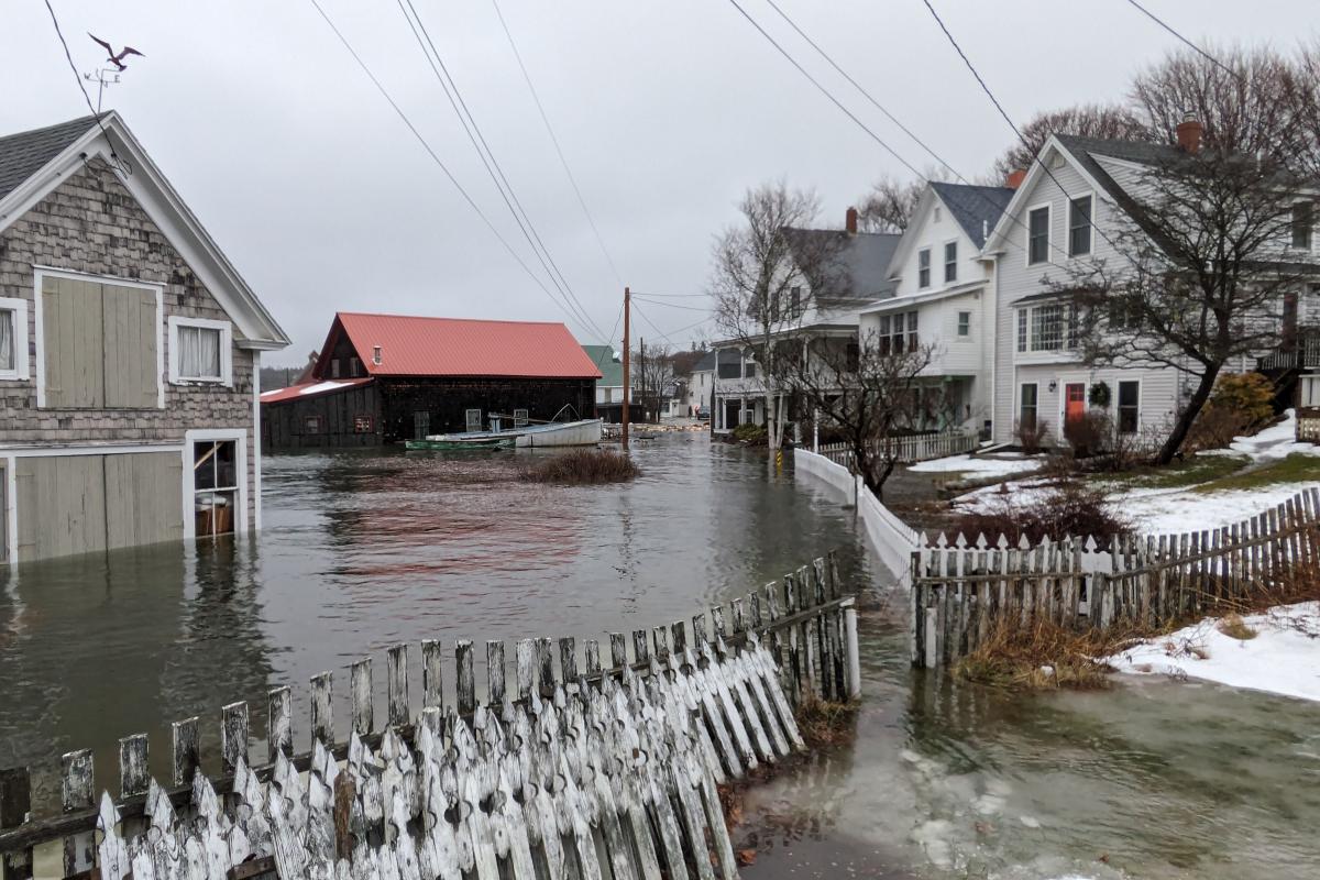 flooded coastal village street in the winter